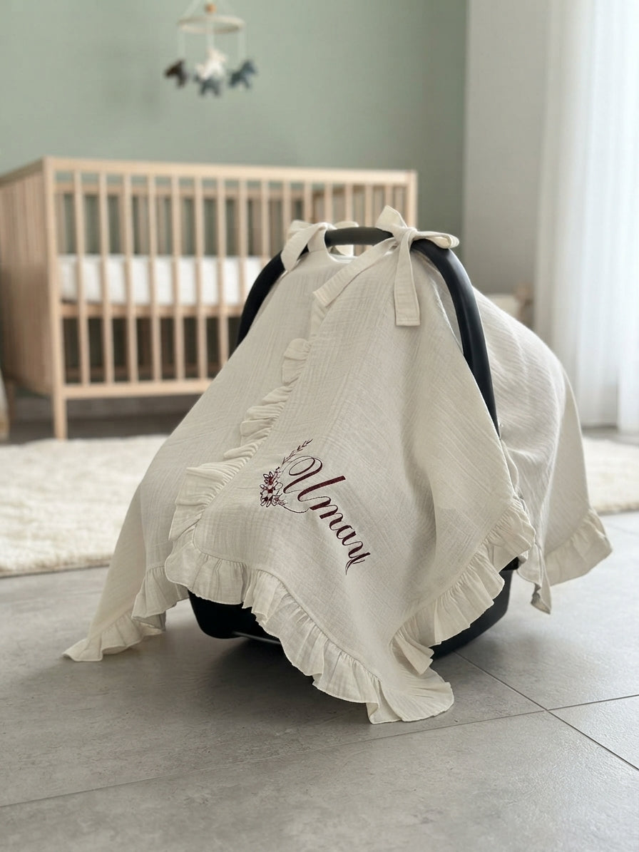 Kişiye Özel Nakışlı %100 Pamuk İki Kat Müslin Bebek Ana Kucağı- Puset Örtüsü
