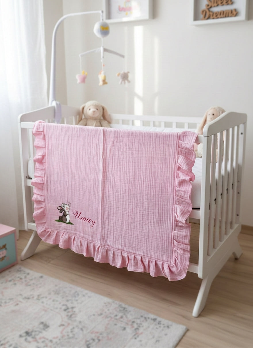 Kişiye Özel Nakışlı %100 Pamuk Dört Kat Müslin Pileli Bebek Battaniyesi (Kopya)