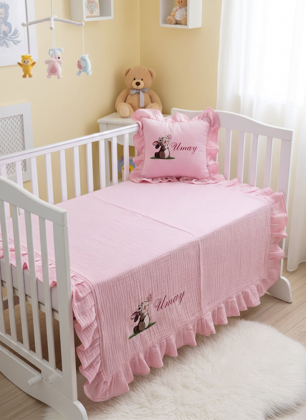 Nakışlı Dört Kat Müslin 2'li Set (Yastık Kılıfı - Battaniye) Bebek Hediyelik