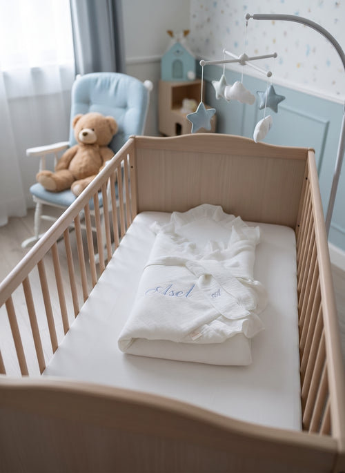 Kişiye Özel Nakışlı %100 Pamuk Dört Kat Müslin Elyaflı Bebek Kundağı